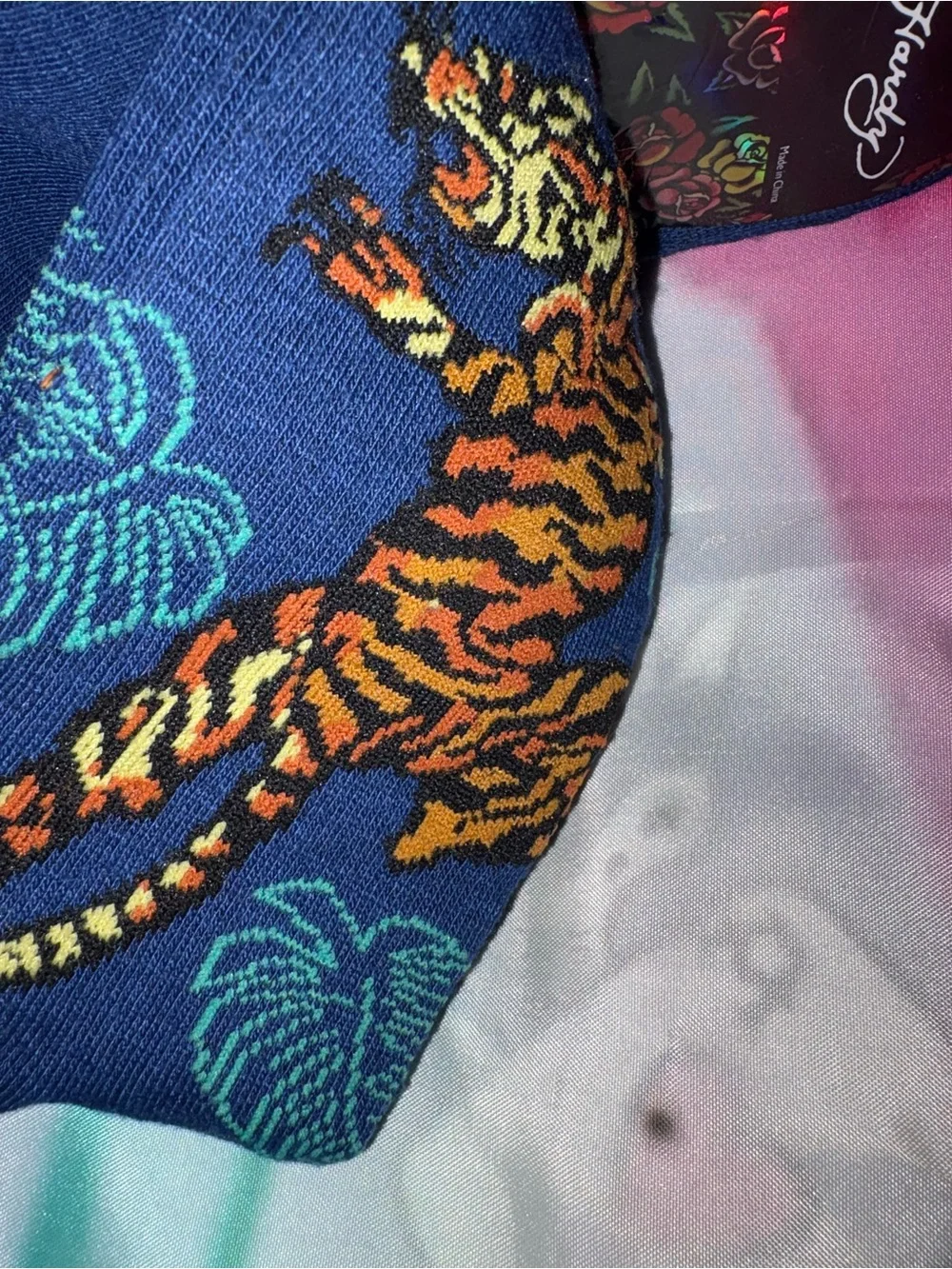 Ed Hardy Blue Crew Socks with Yellow Tiger Motif 5 Pairs